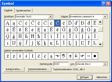 Symbol table in MS Word